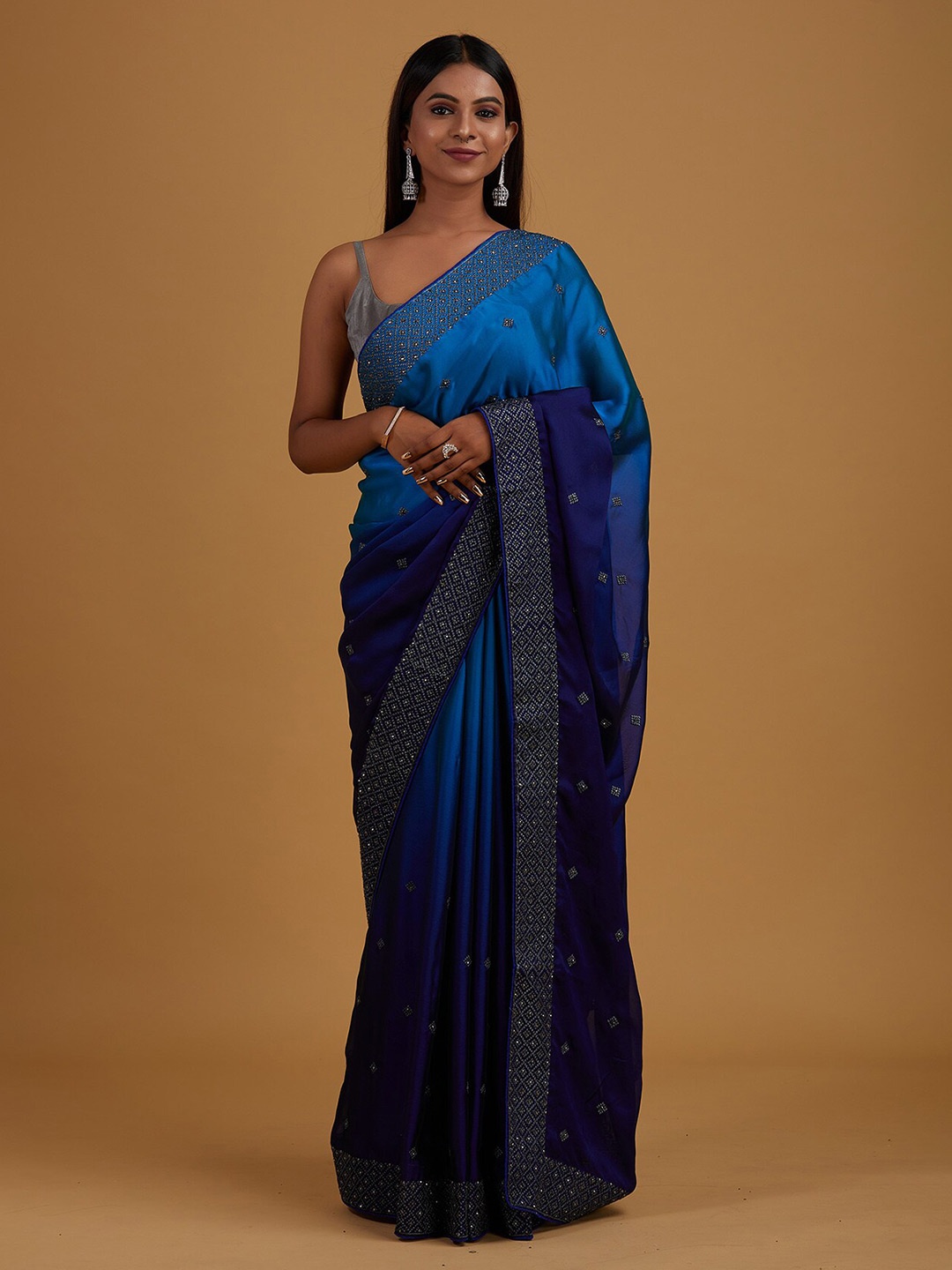 

Koskii Navy Blue Ombre Zari Saree