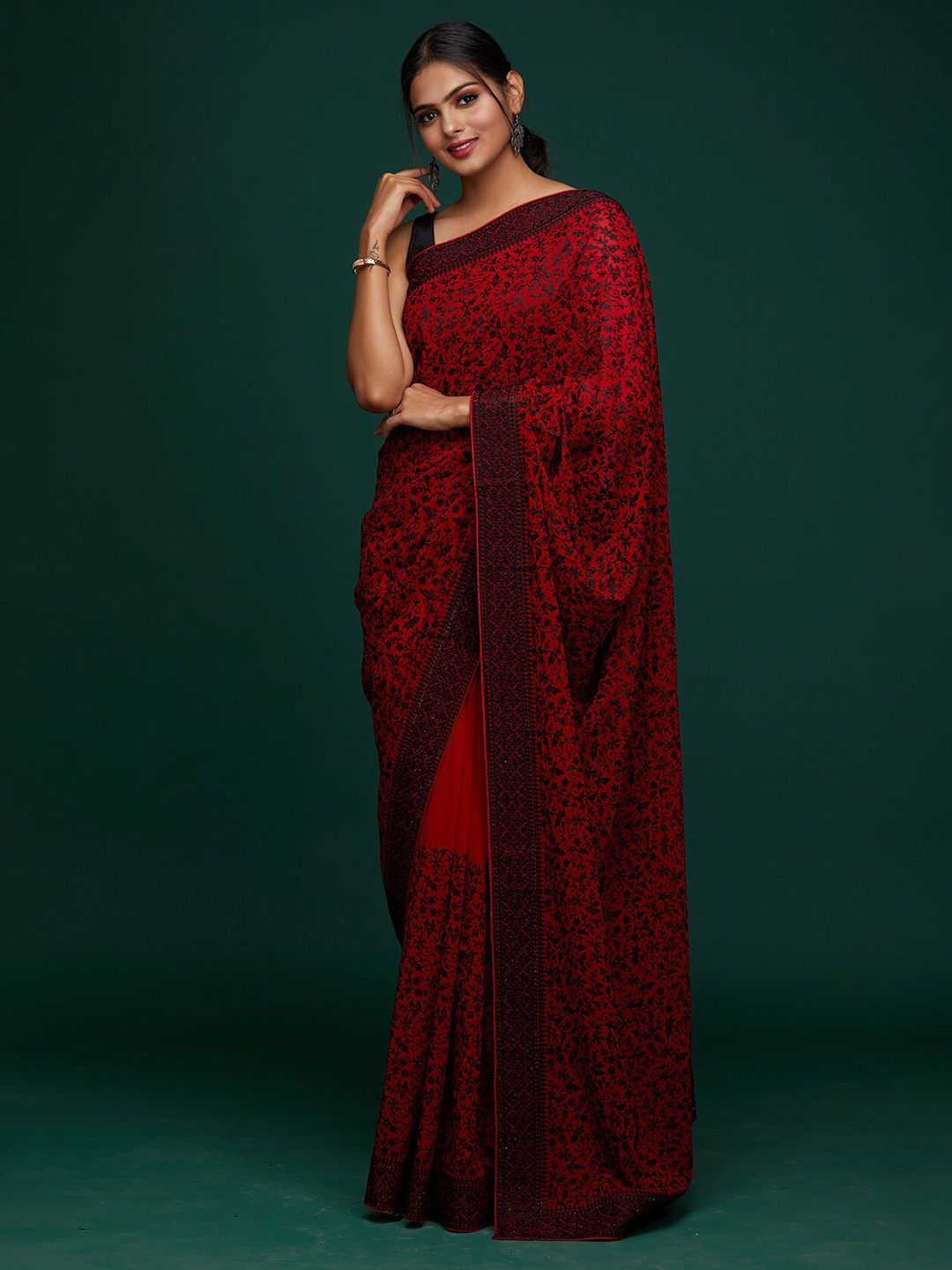 Koskii Red & Grey Floral Embellished Heavy Work Saree