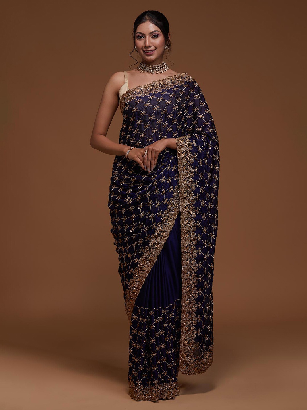

Koskii Navy Blue & Gold-Toned Floral Zariwork Georgette Saree