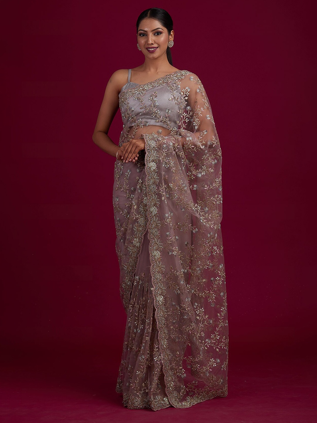 

Koskii Brown & Pink Embroidered Supernet Saree