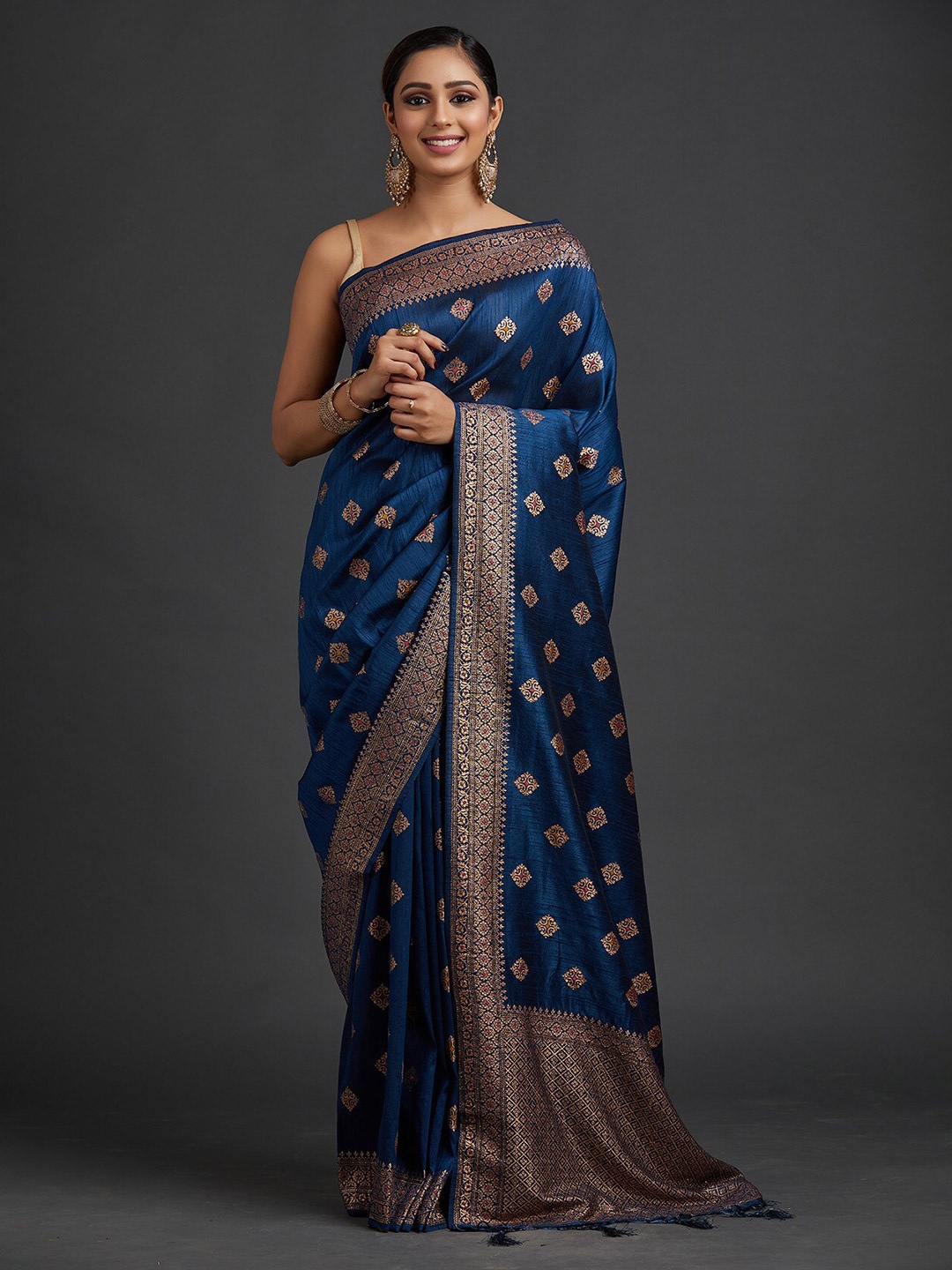 

Koskii Blue & Gold-Toned Floral Zari Art Silk Saree