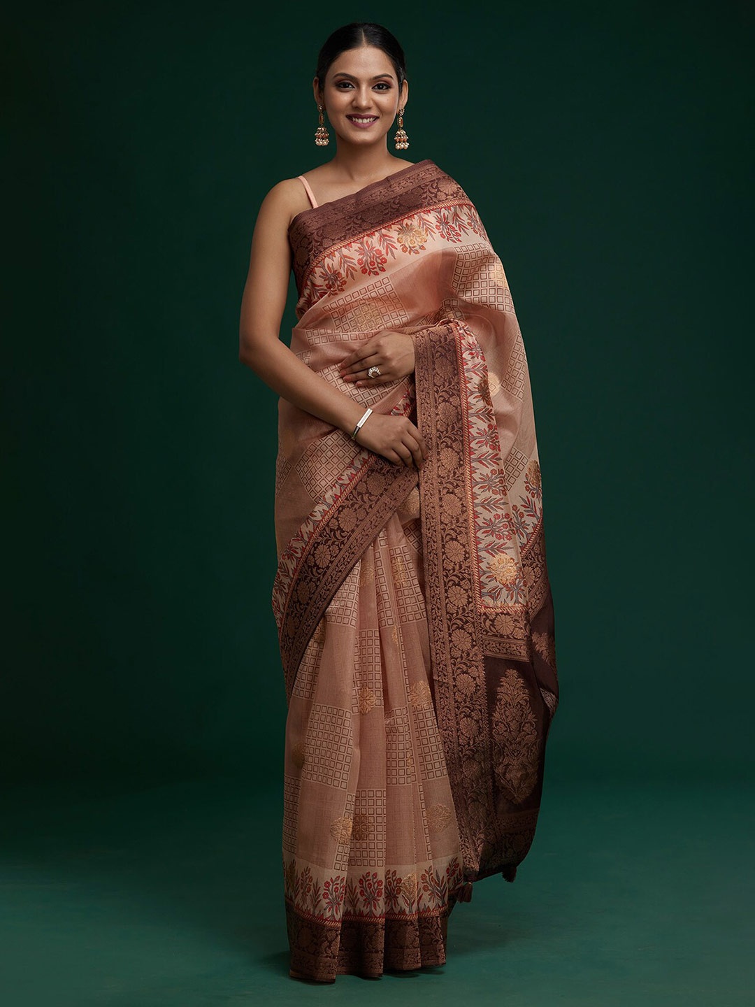 

Koskii Bronze-Toned Floral Zari Art Silk Saree