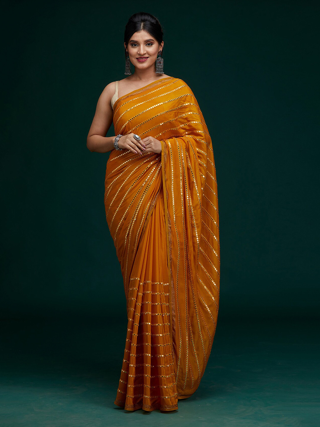 

Koskii Mustard Striped Mirror Work Saree