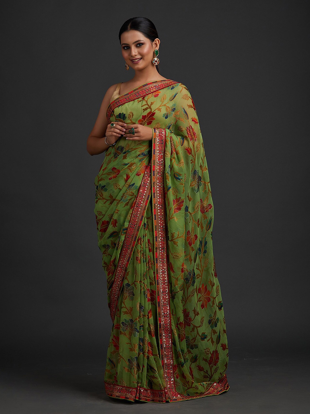 

Koskii Green & Red Floral Sequinned Georgette Saree