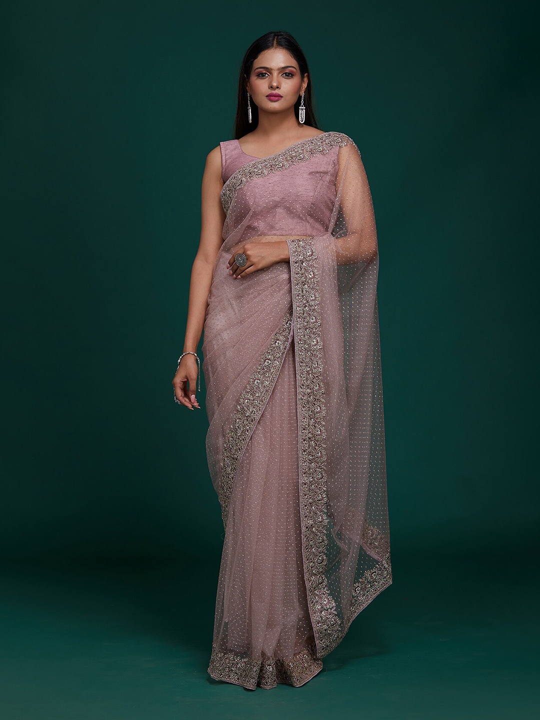 

Koskii Lavender & Silver-Toned Floral Supernet Saree