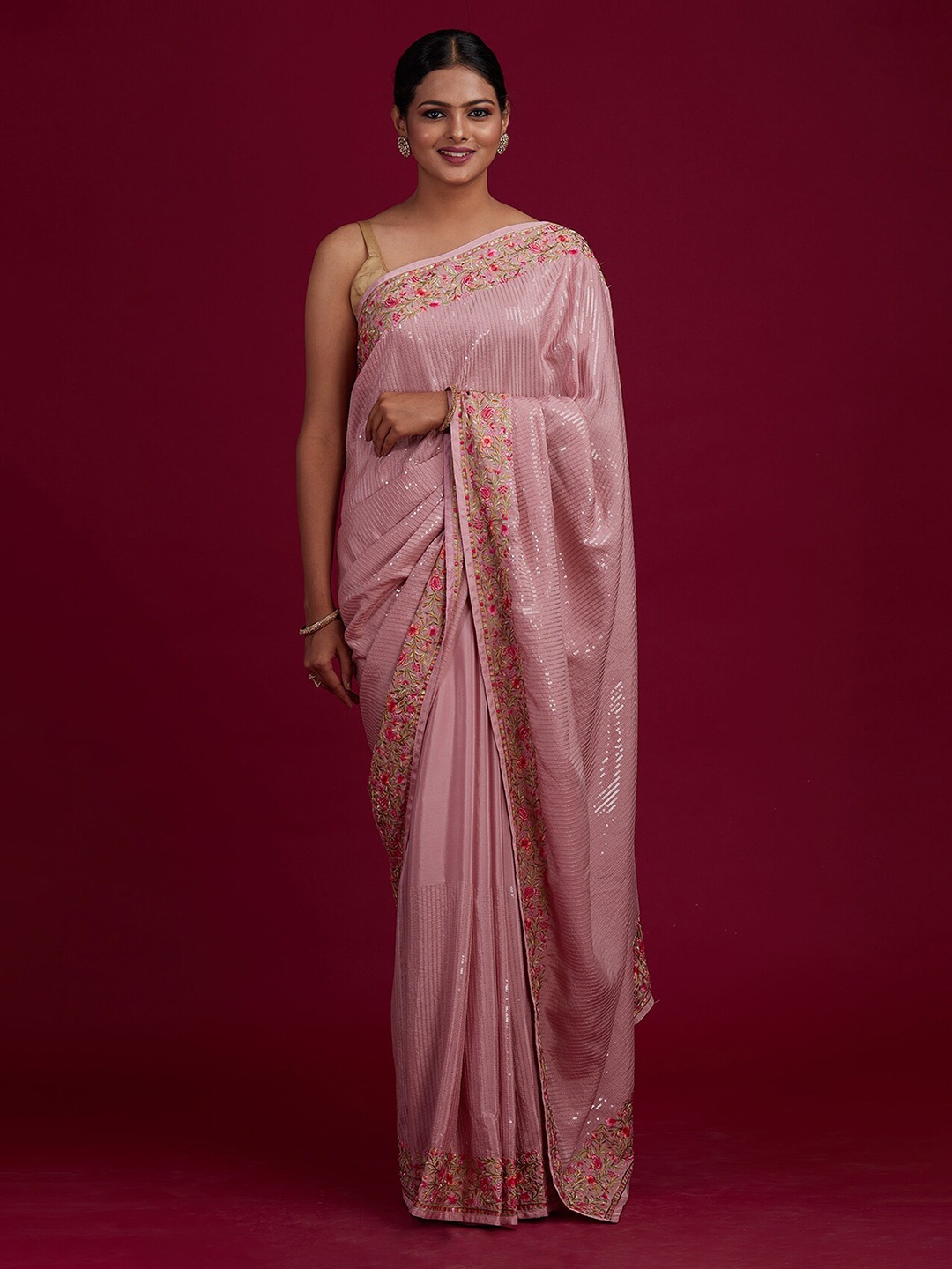 

Koskii Pink & Green Paisley Sequinned Saree