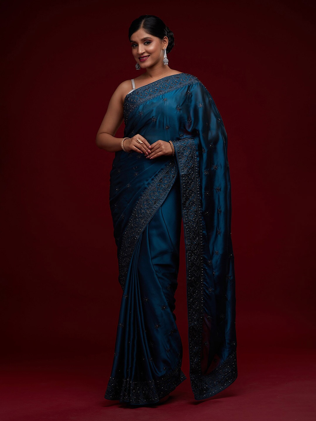 

Koskii Navy Blue Floral Embroidered Art Silk Saree