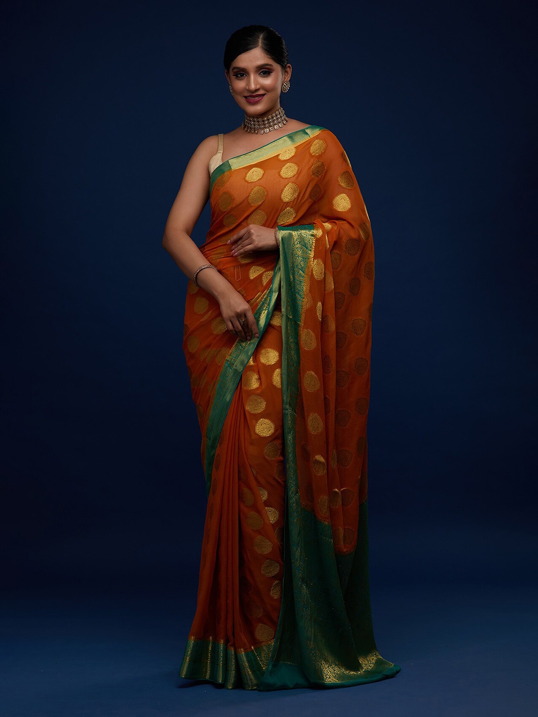 

Koskii Mustard & Green Paisley Zari Art Silk Saree