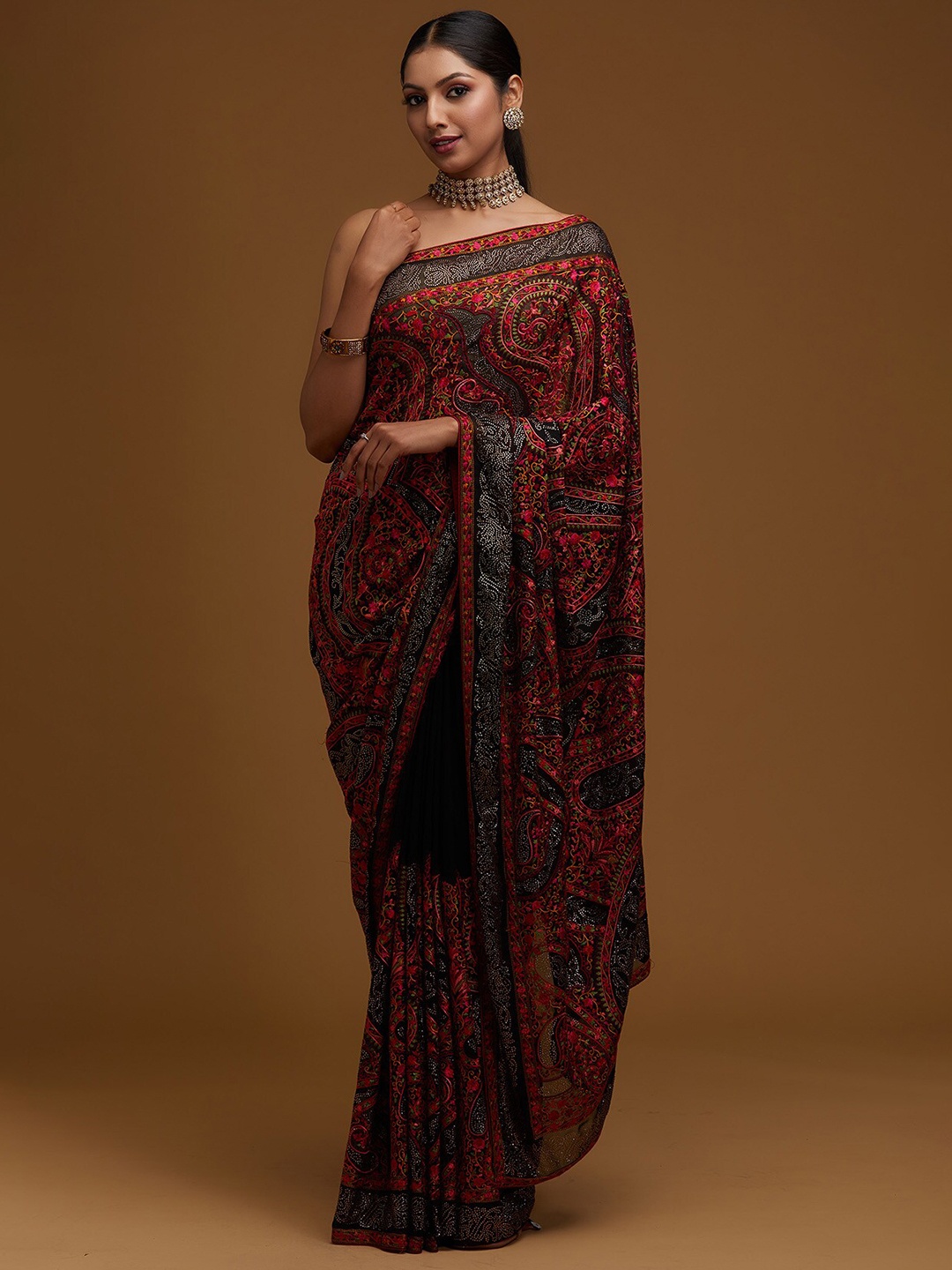 

Koskii Black & Pink Paisley Embroidered Saree