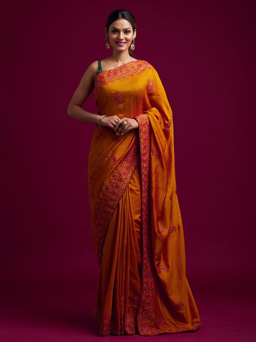 

Koskii Mustard & Orange Floral Embroidered Art Silk Saree