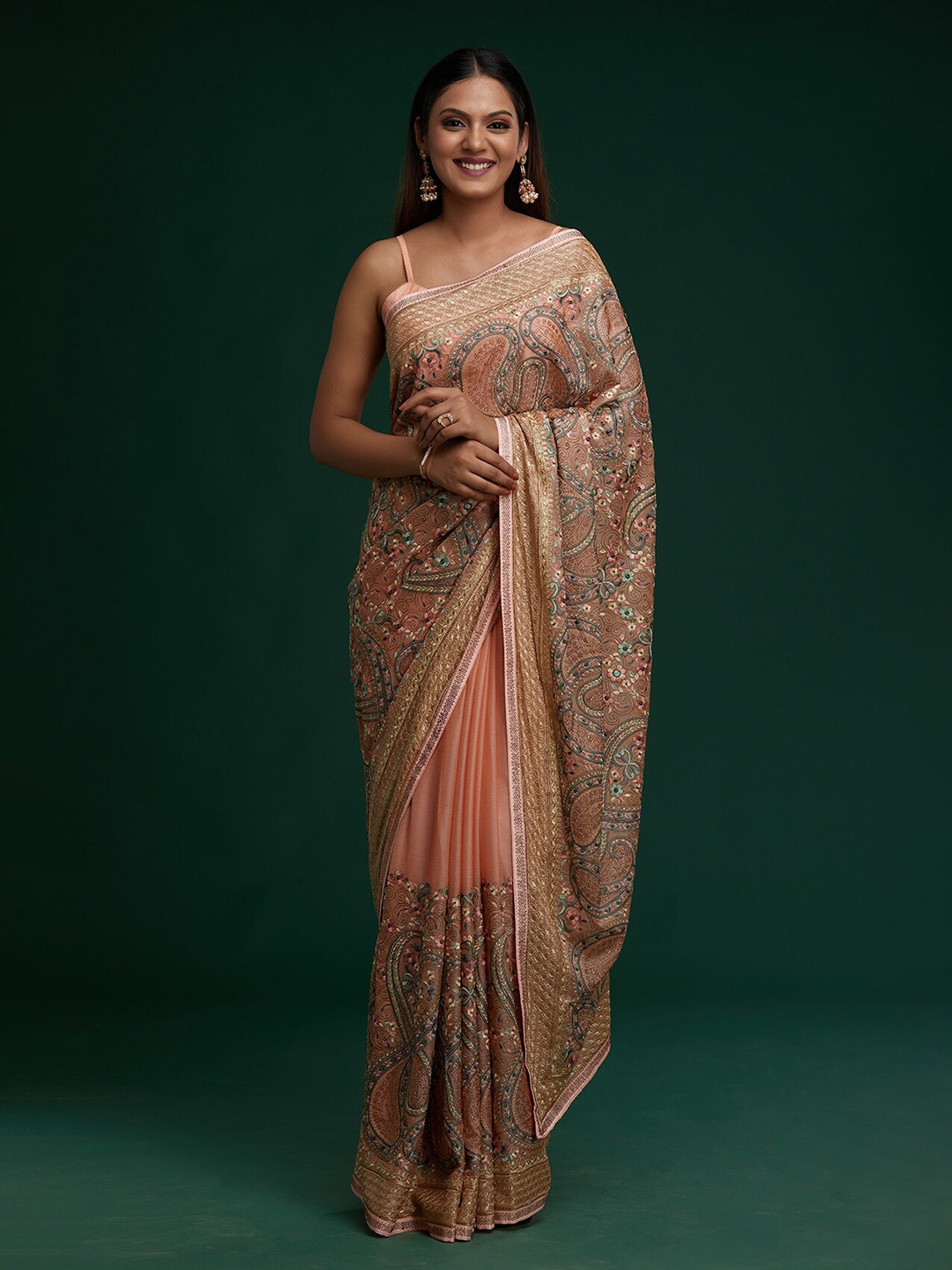 

Koskii Peach-Coloured & Blue Paisley Embroidered Poly Georgette Mirror Work Saree