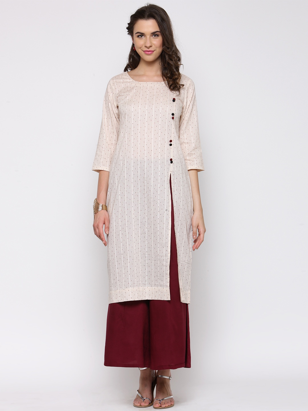 

Sera Women Cream-Coloured & Maroon Striped Kurta with Palazzos