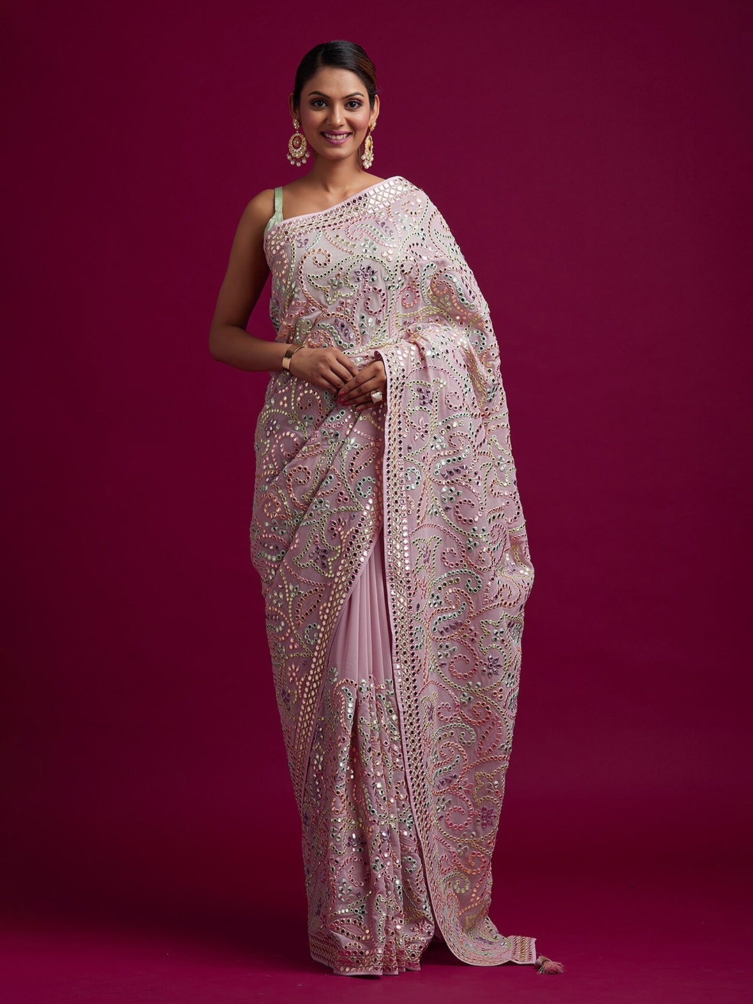 

Koskii Pink & Green Floral Embroidered Poly Georgette Gotta Patti Saree