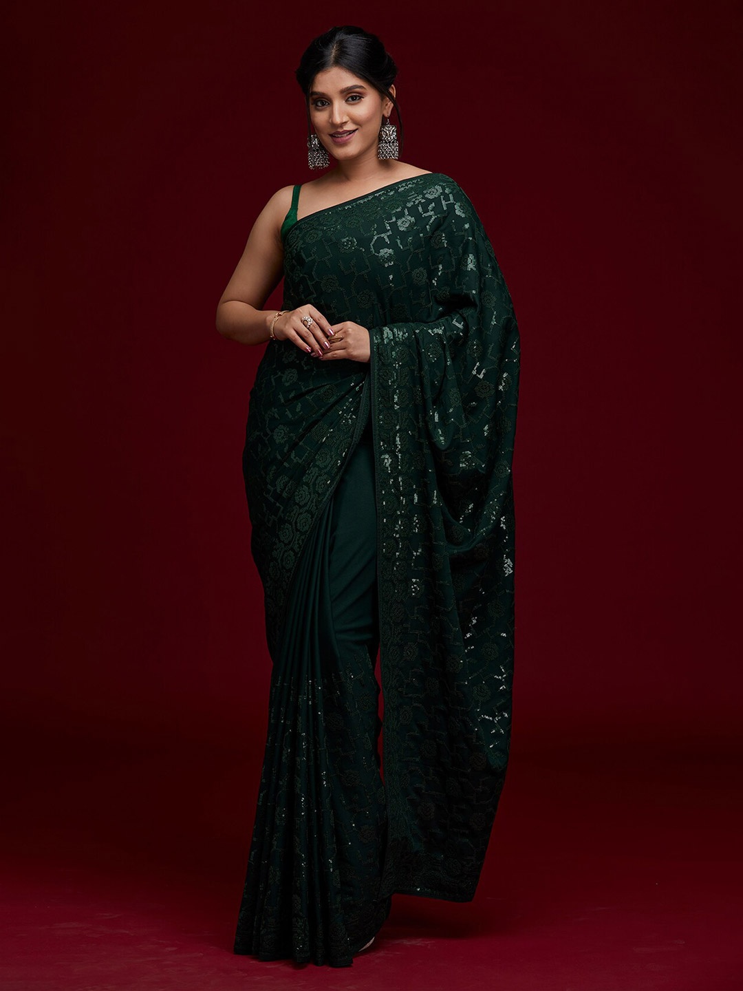 

Koskii Green Embroidered Sequinned Poly Georgette Saree