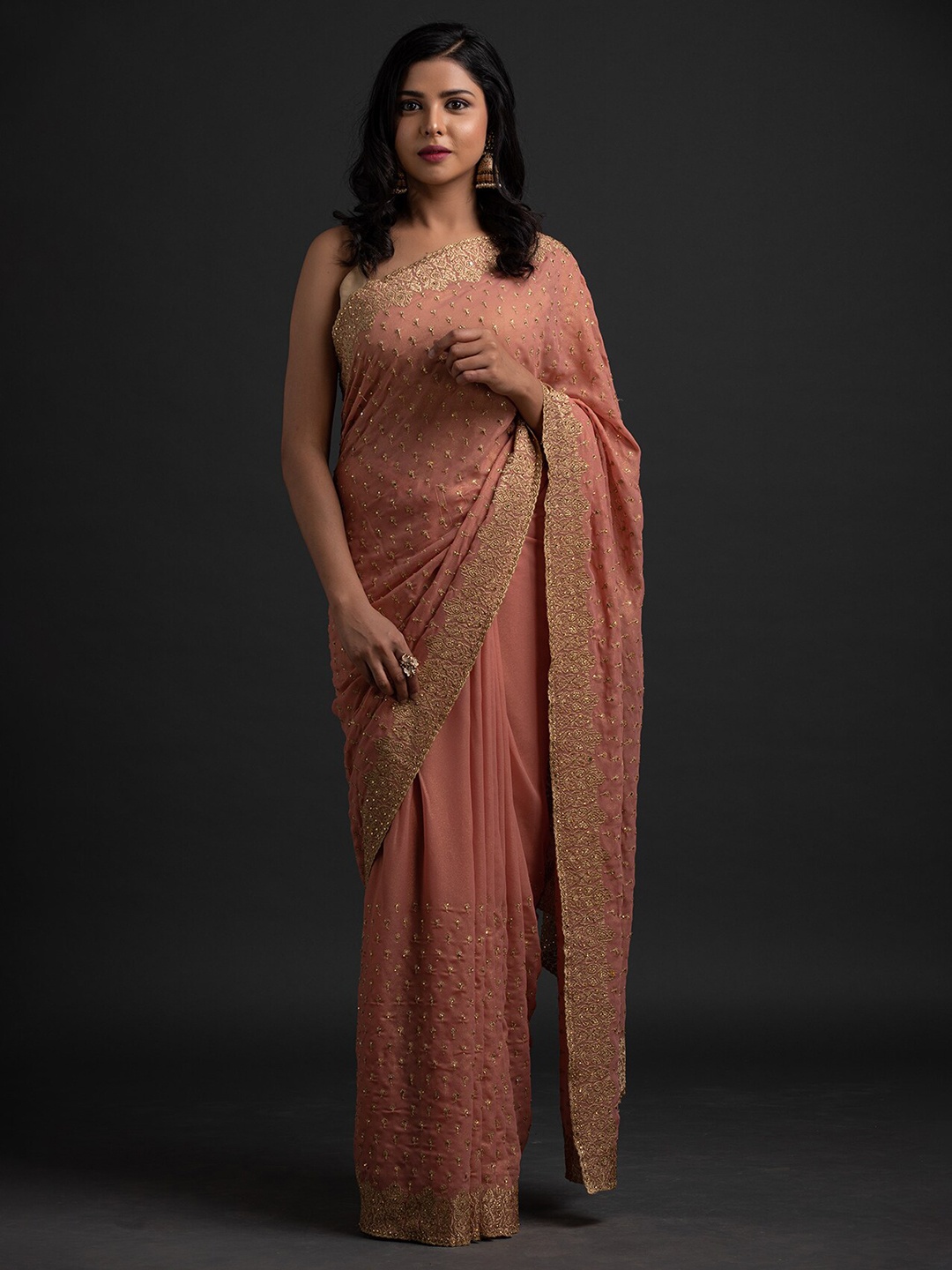 

Koskii Pink & Gold-Toned Embellished Zari Saree