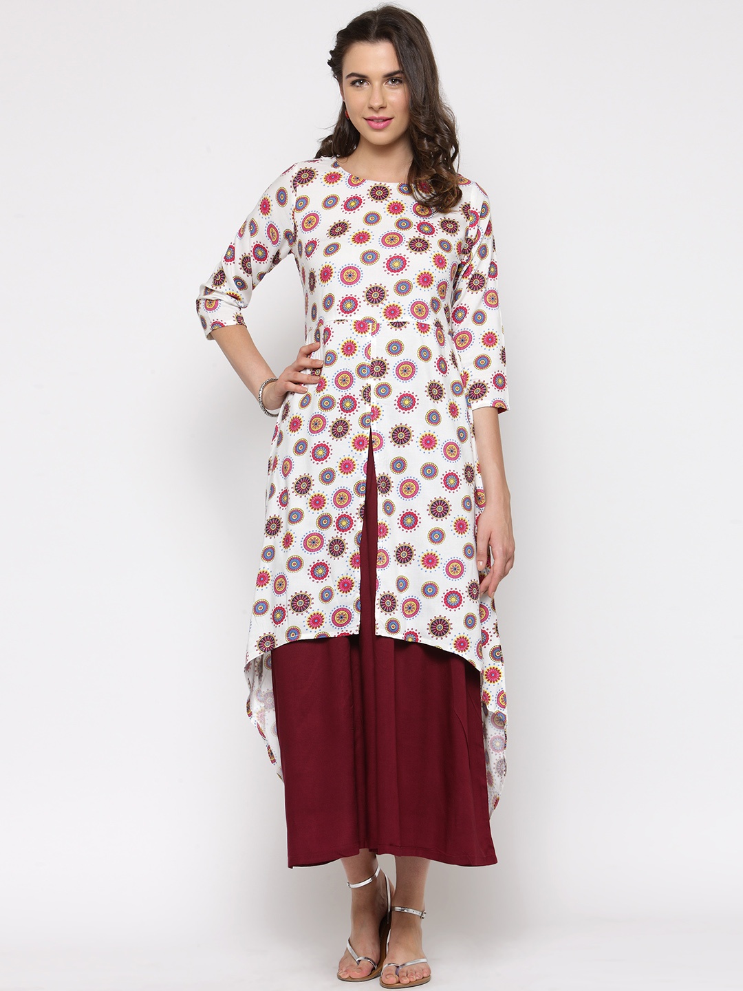 

Sera Women White & Maroon Printed Kurta with Palazzos