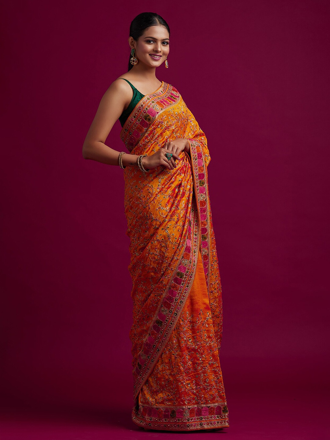 

Koskii Orange & Pink Zari Art Silk Saree