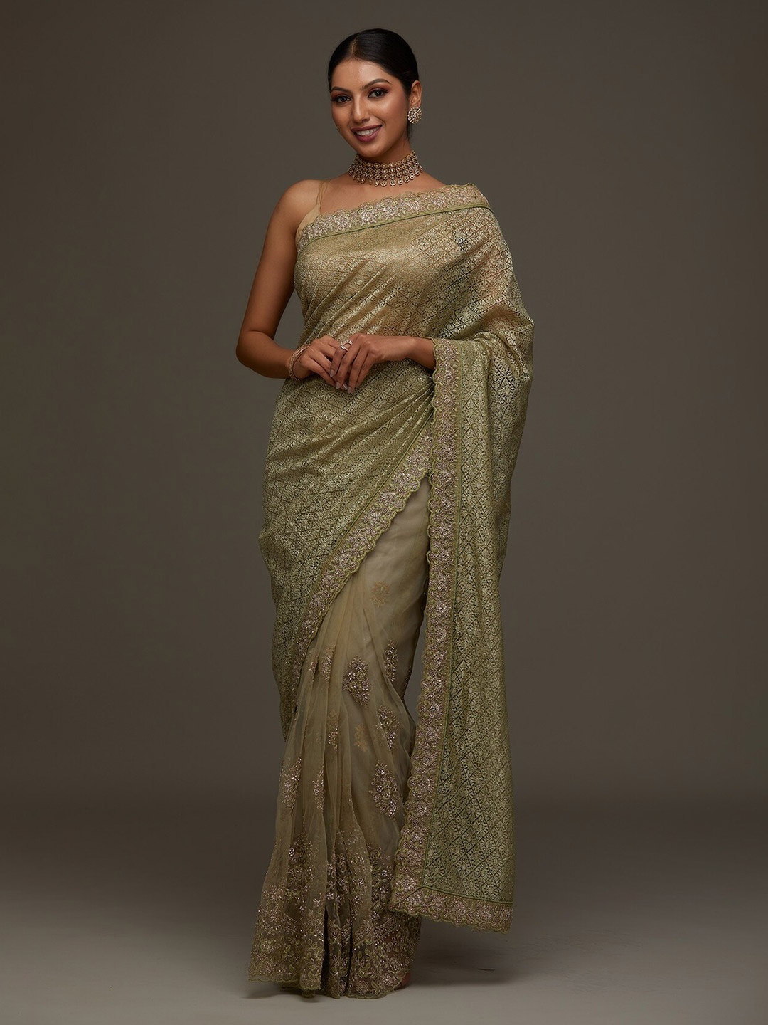 

Koskii Green Floral Embroidered Supernet Saree