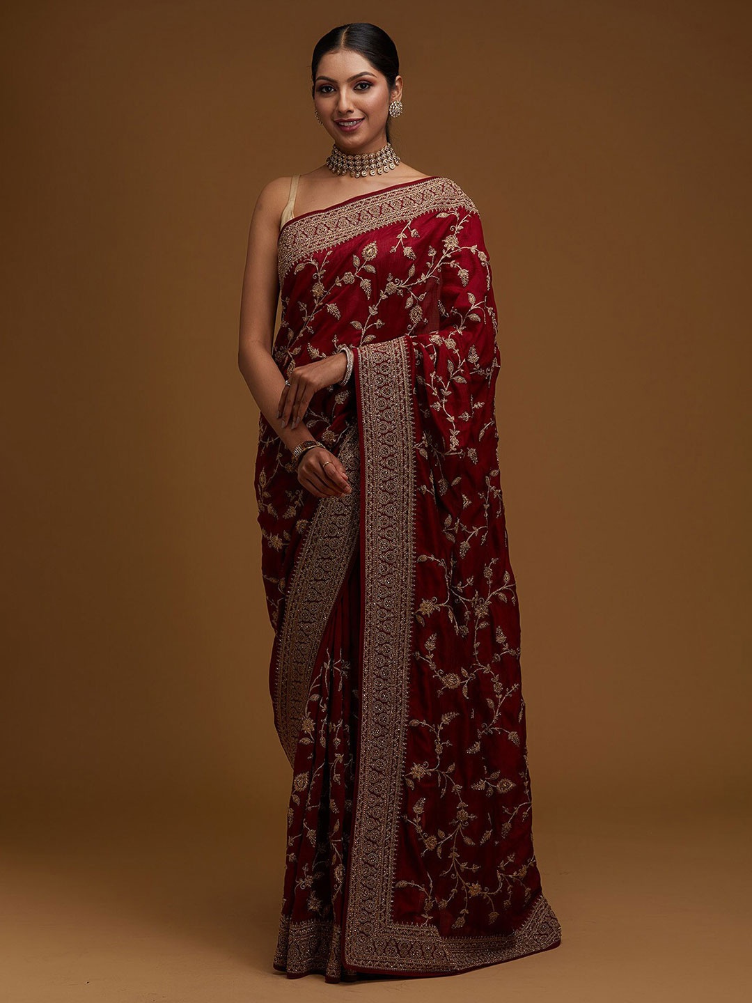 

Koskii Maroon Floral Embroidered Art Silk Heavy Work Saree