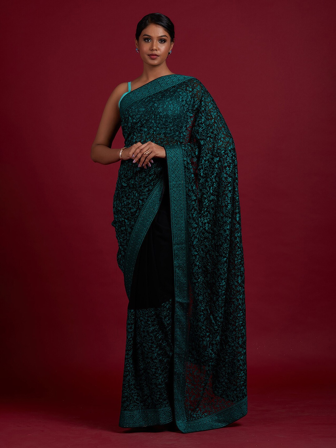 

Koskii Black & Blue Floral Embroidered Saree