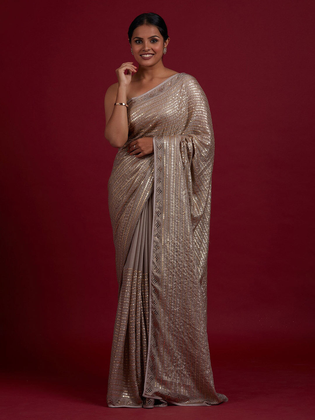

Koskii Brown & Gold-Toned Embellished Sequinned Saree