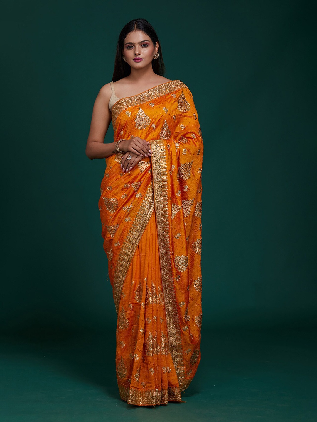 

Koskii Orange & Gold-Toned Floral Zari Art Silk Saree