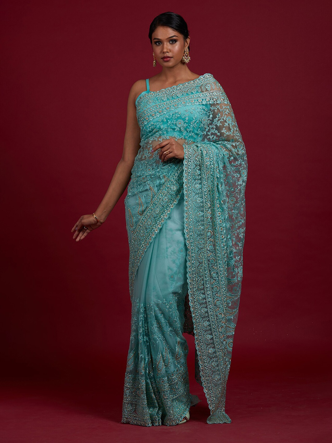 

Koskii Blue & Silver-Toned Embroidered Supernet Saree