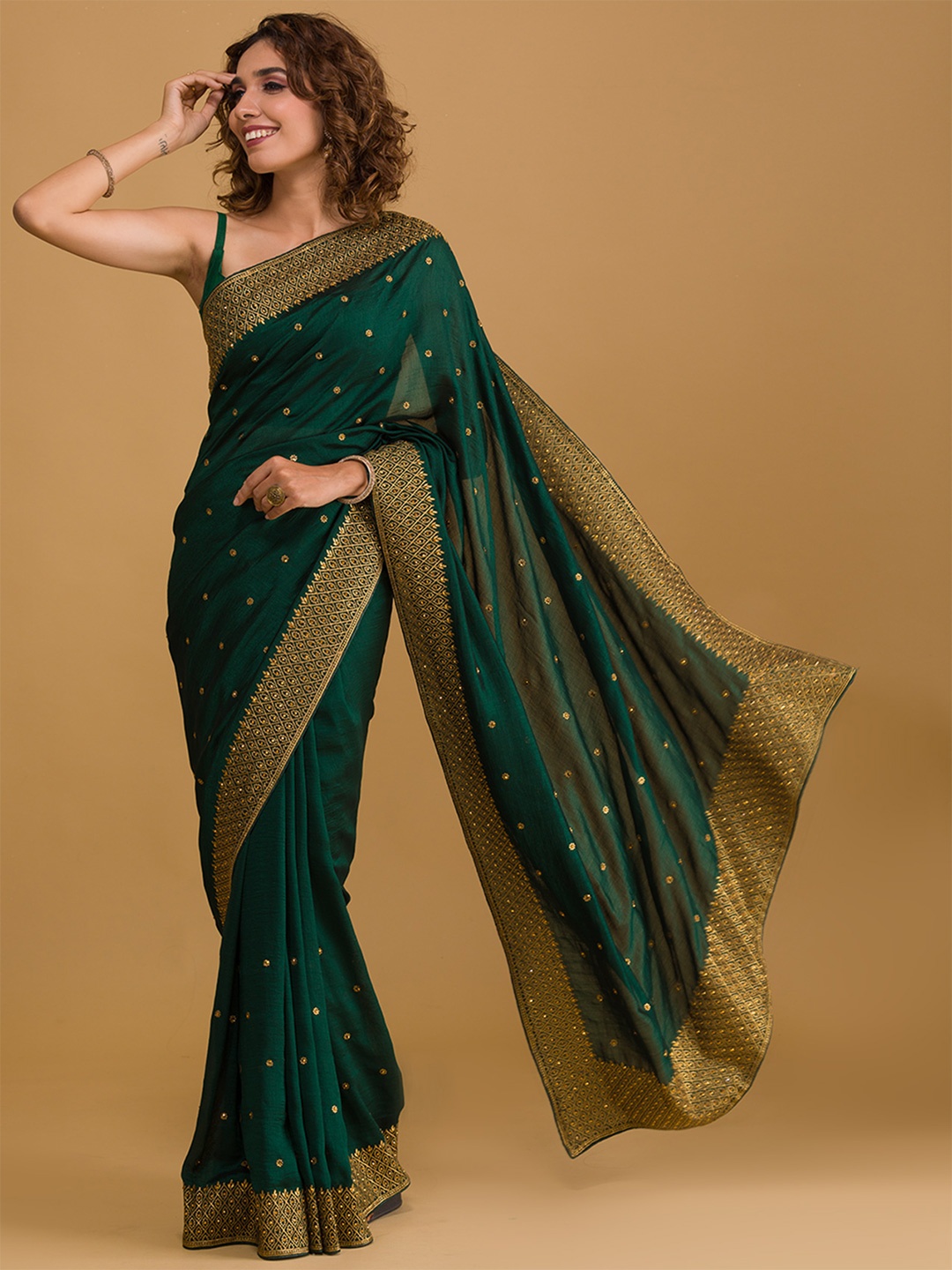 

Koskii Green & Gold-Toned Zariwork Embroidered Saree