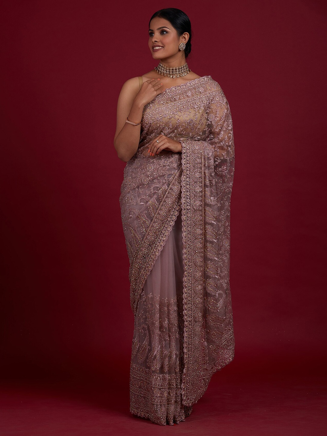 

Koskii Lavender & Gold-Toned Embroidered Supernet Saree