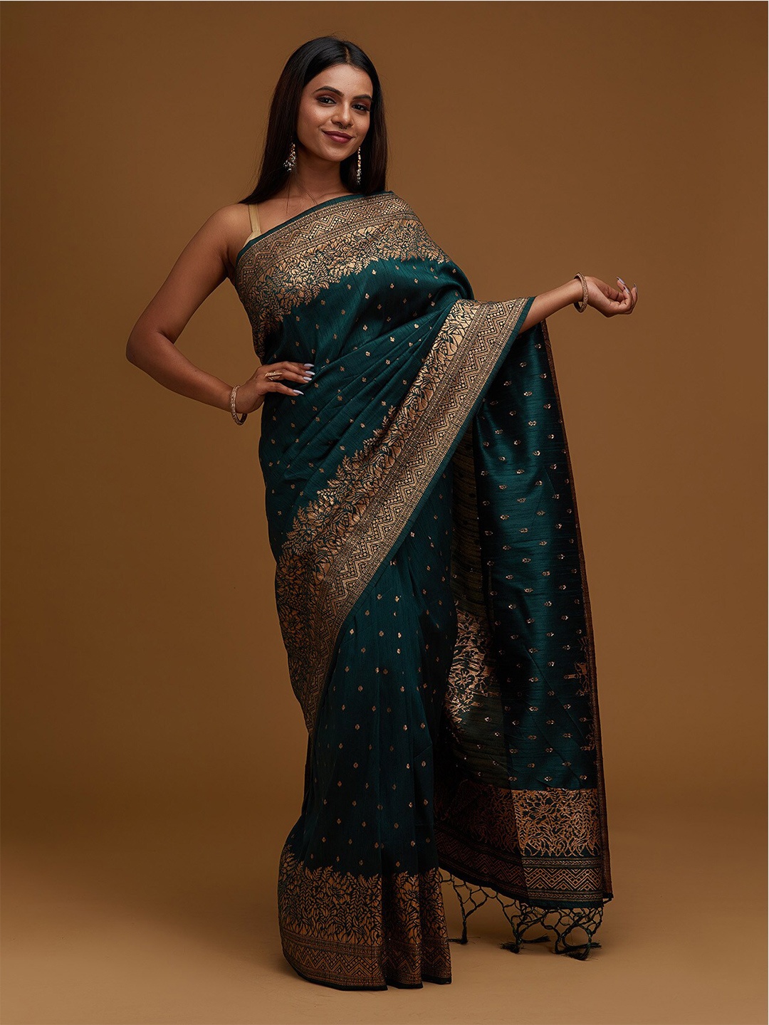 

Koskii Green & Gold-Toned Zariwork Brocade Embellished Saree