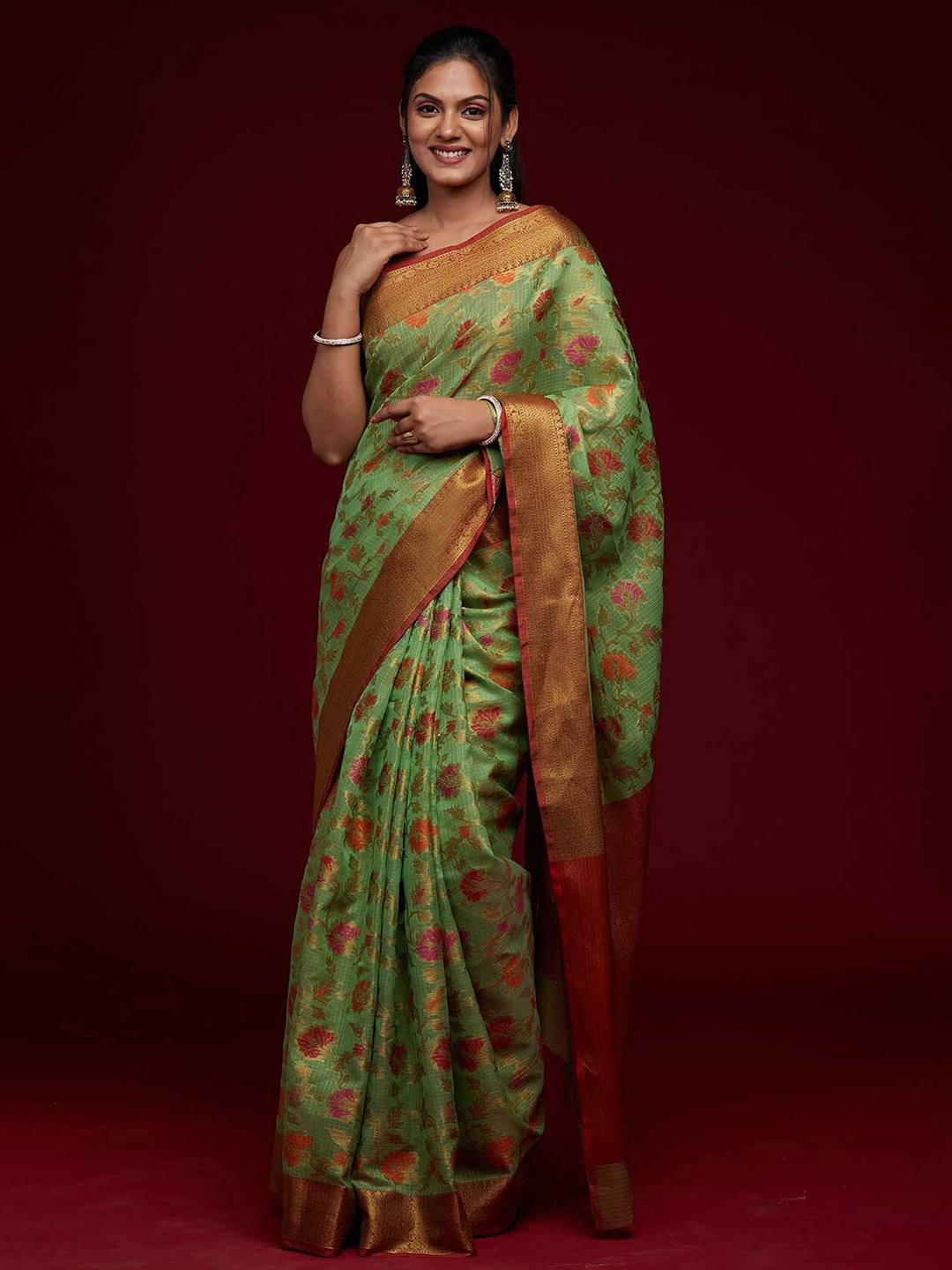 

Koskii Green & Red Floral Zari Art Silk Saree