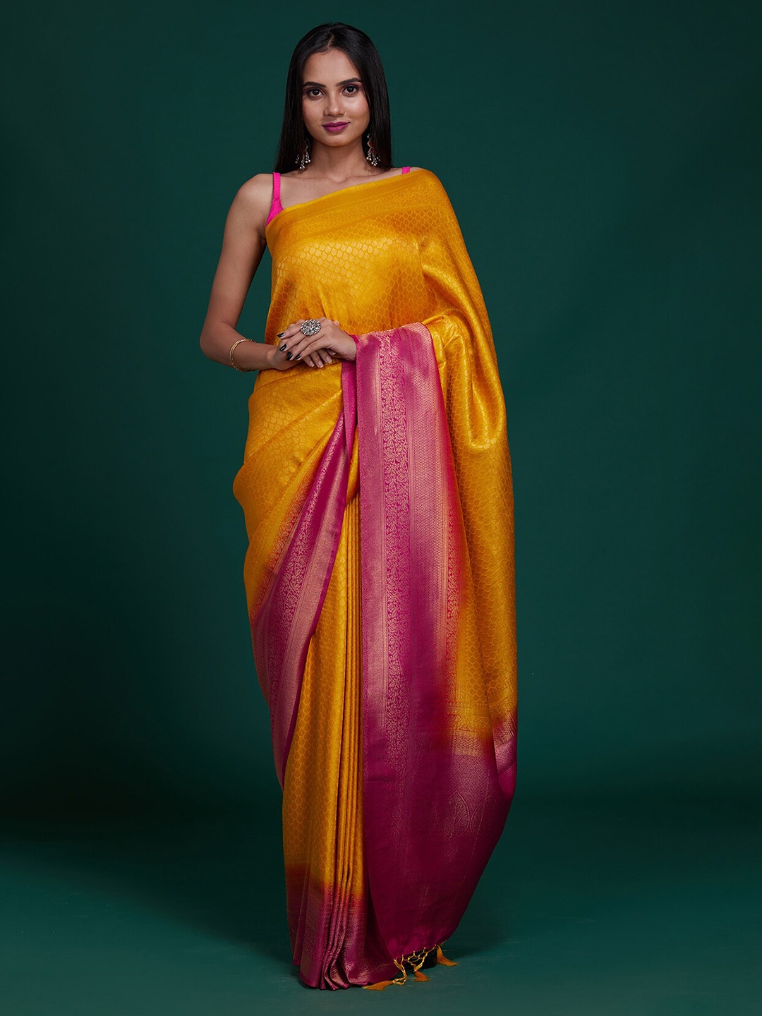 

Koskii Mustard & Pink Woven Design Zari Brocade Banarasi Saree