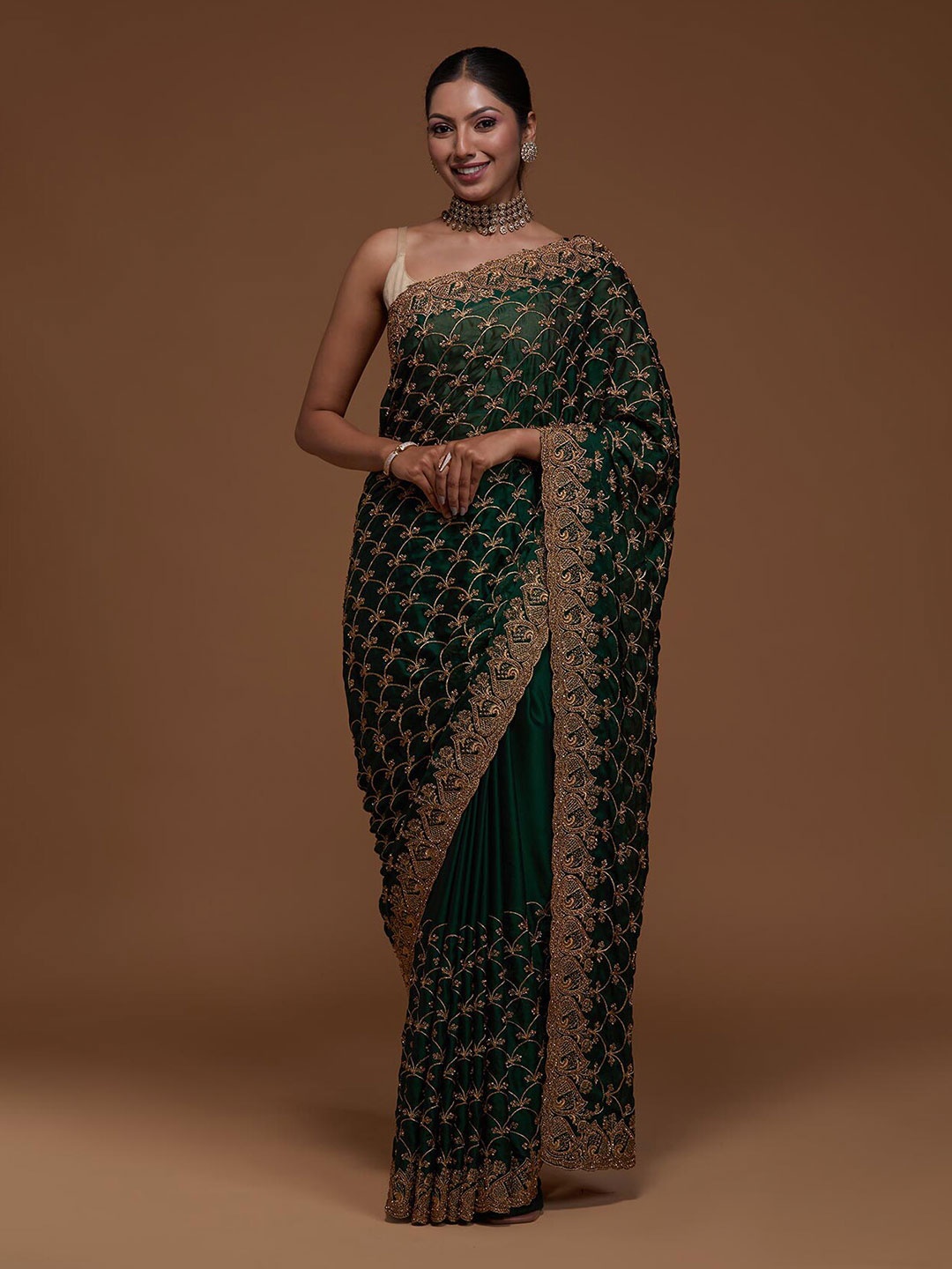 

Koskii Green & Gold-Toned Designer Embroidered Saree