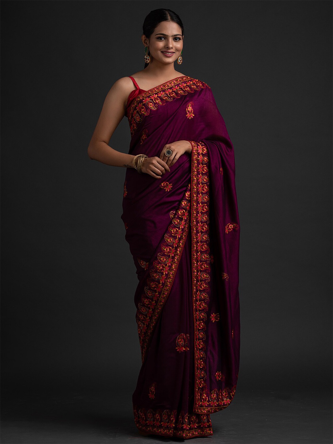 

Koskii Maroon & Pink Embroidered Art Silk Saree