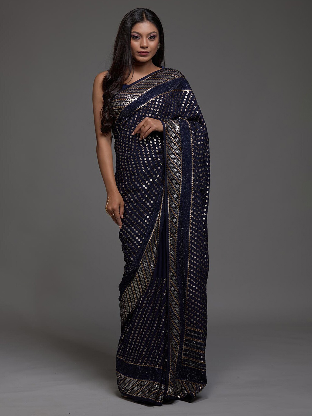 

Koskii Navy Blue Sequinned Heavy Work Saree