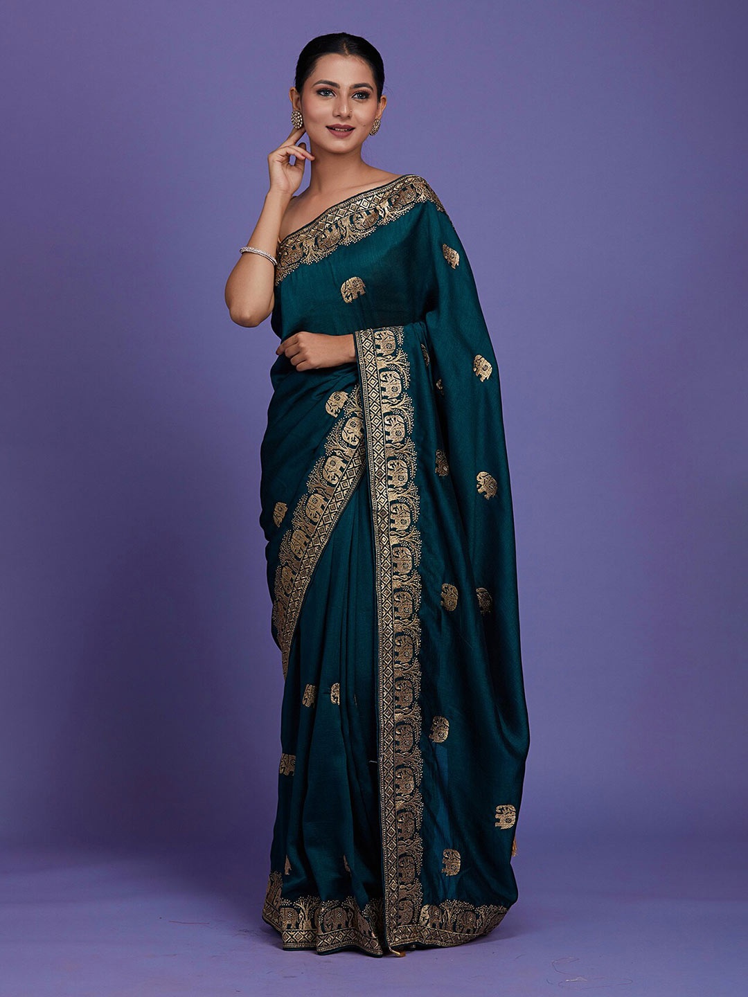 

Koskii Blue & Gold-Toned Ethnic Motifs Embroidered Art Silk Saree