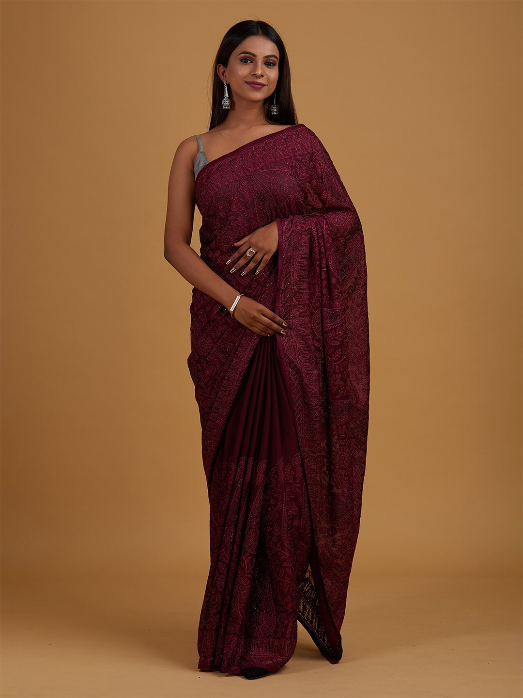 

Koskii Maroon Floral Embroidered Supernet Saree