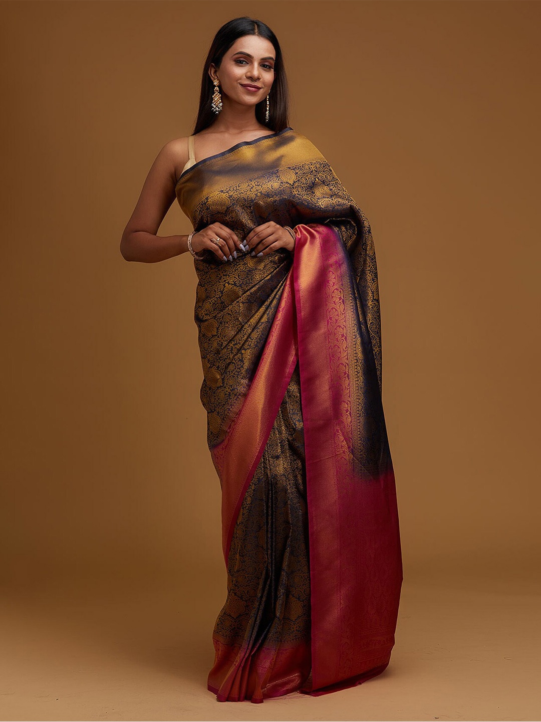 

Koskii Navy Blue & Pink Ethnic Motifs Zari Art Silk Banarasi Saree