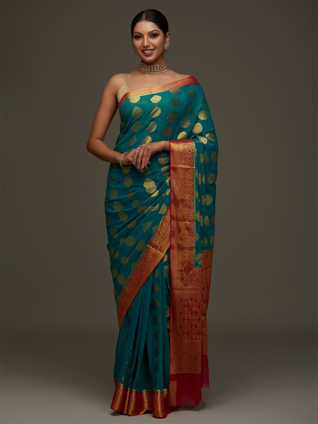 

Koskii Turquoise Blue & Maroon Woven Design Zari Art Silk Saree
