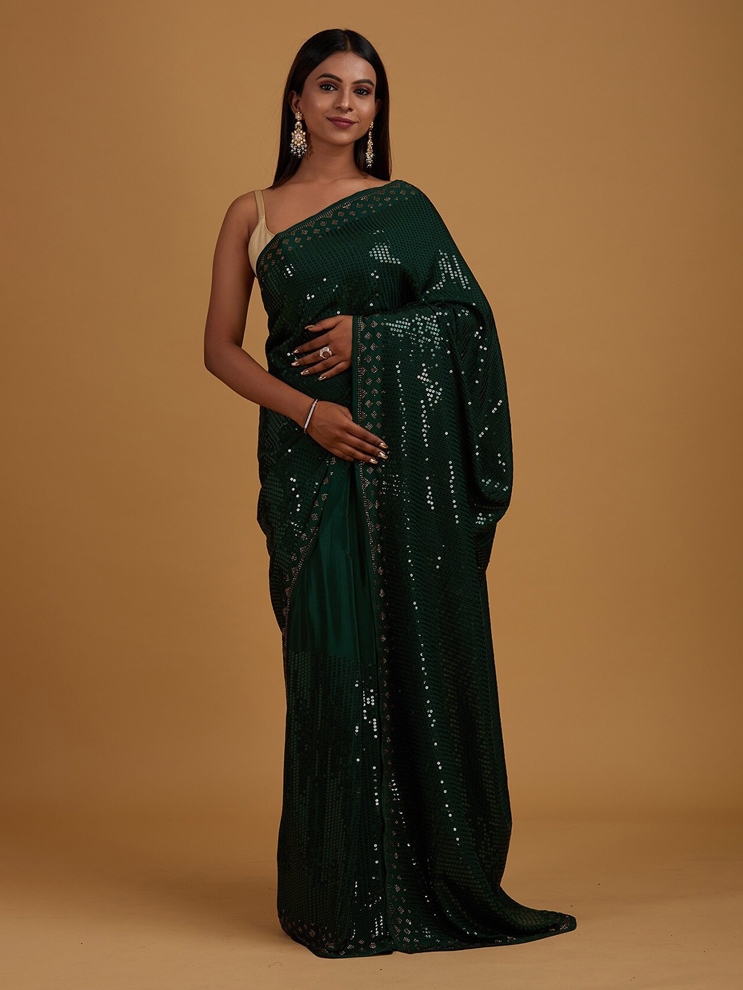 

Koskii Green Striped Sequinned Heavy Work Saree
