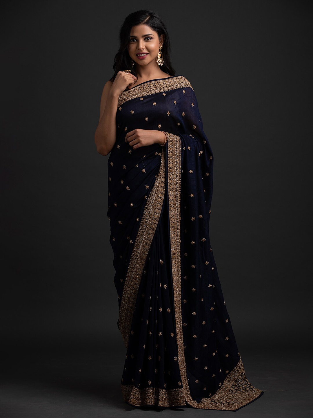 

Koskii Navy Blue & Gold-Toned Paisley Embroidered Art Silk Saree