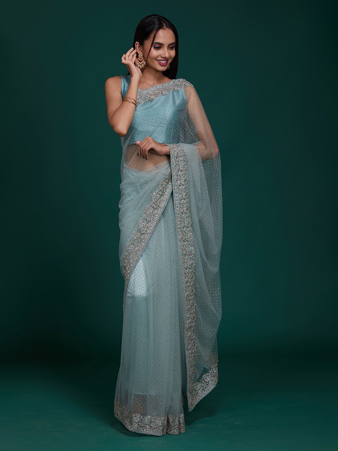 

Koskii Blue & Silver-Toned Beads and Stones Supernet Saree