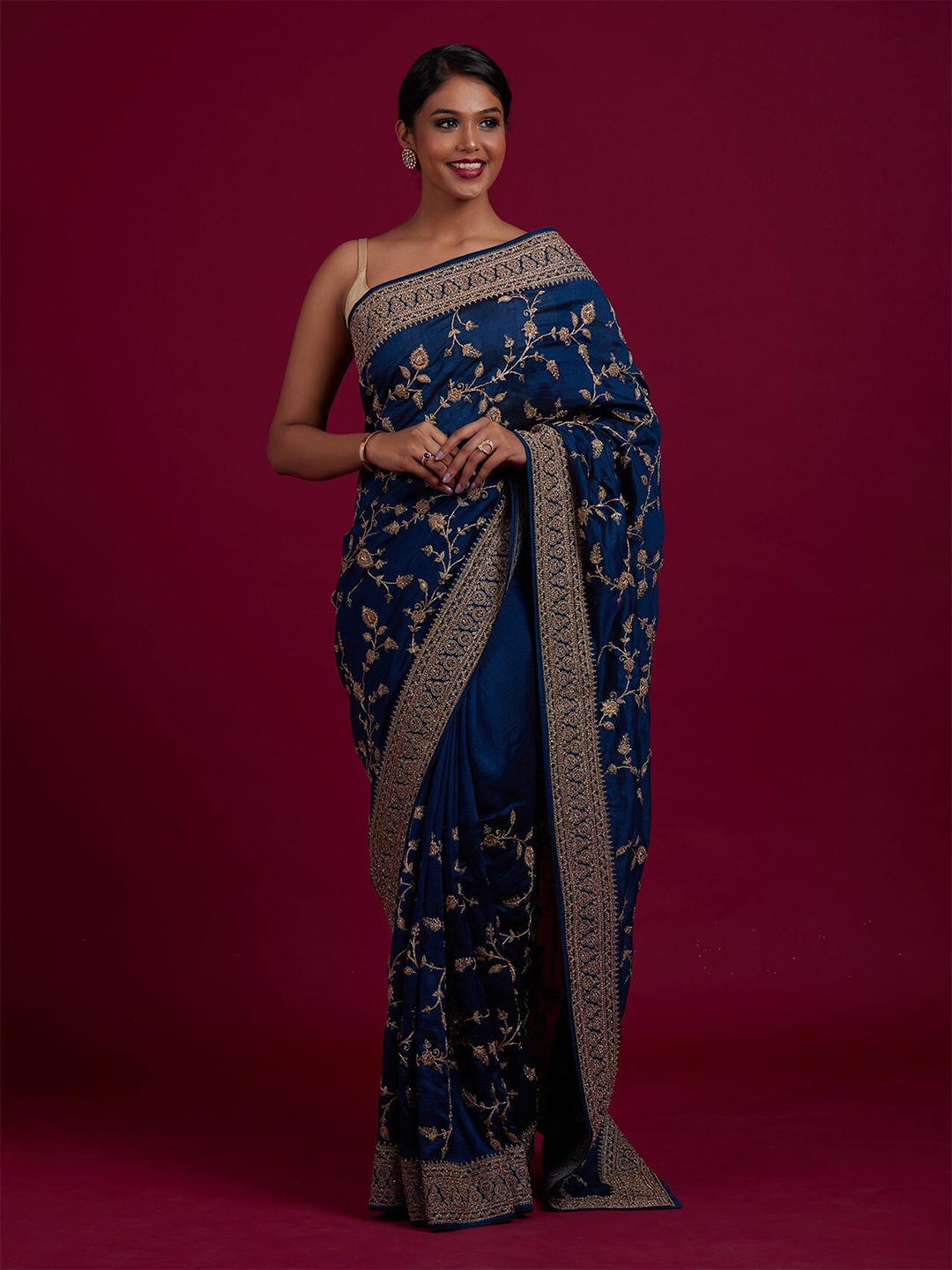 

Koskii Blue & Gold-Toned Floral Embroidered Art Silk Saree