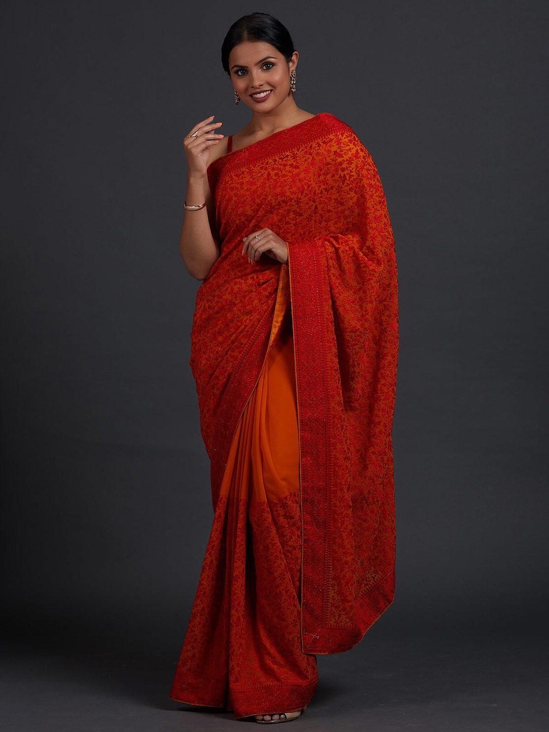 

Koskii Mustard & Red Floral Embroidered Saree