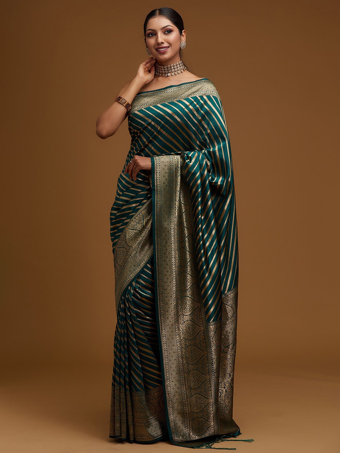 

Koskii Green & Gold-Toned Striped Zari Brocade Banarasi Saree