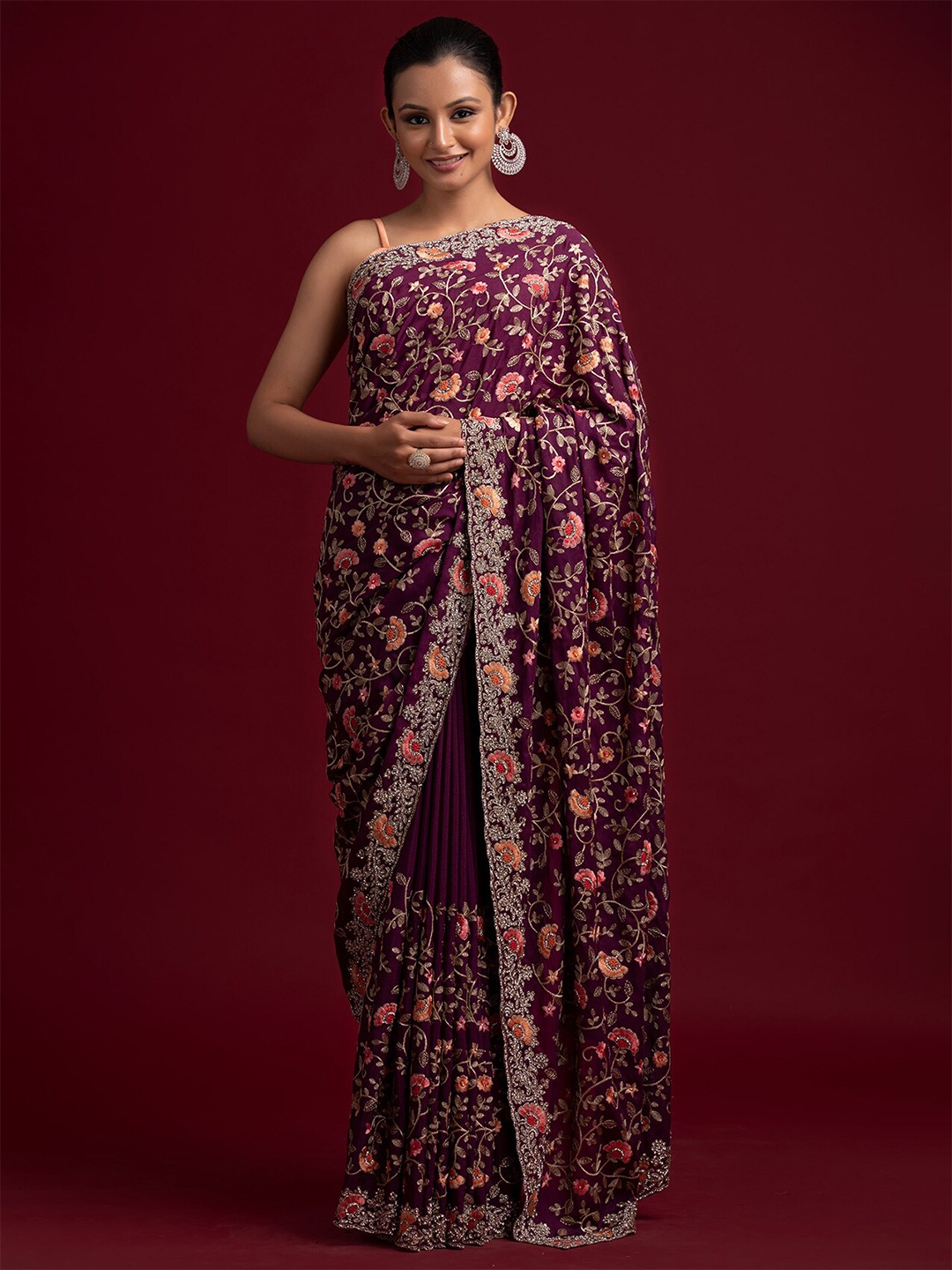 

Koskii Maroon & Silver-Toned Floral Embroidered Saree