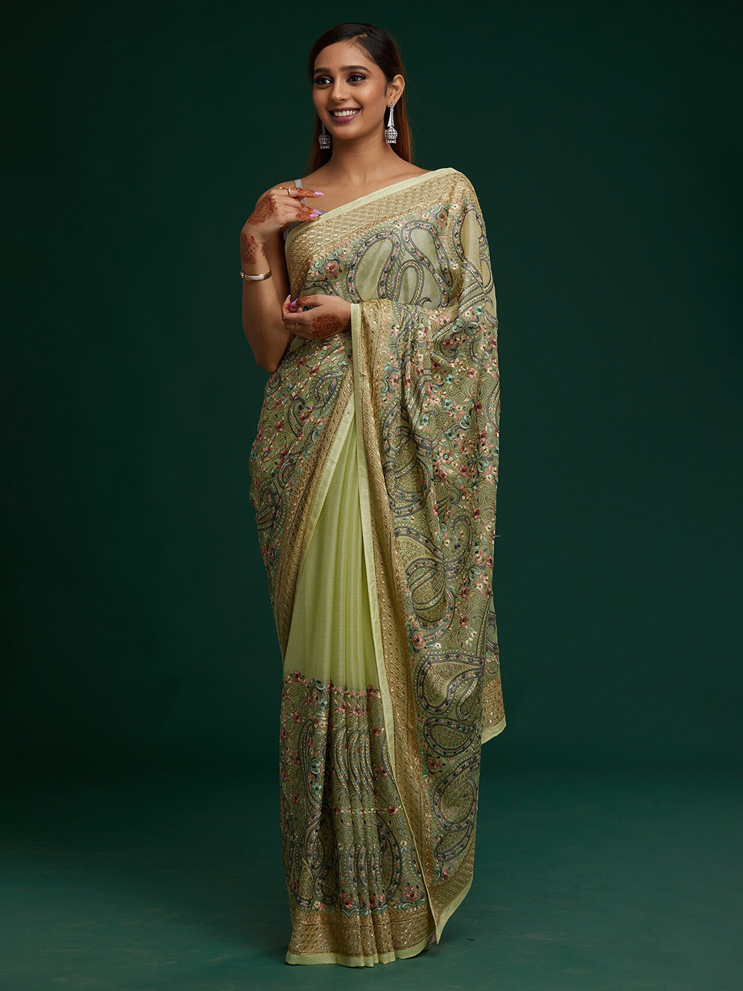 

Koskii Green Floral Embroidered Saree