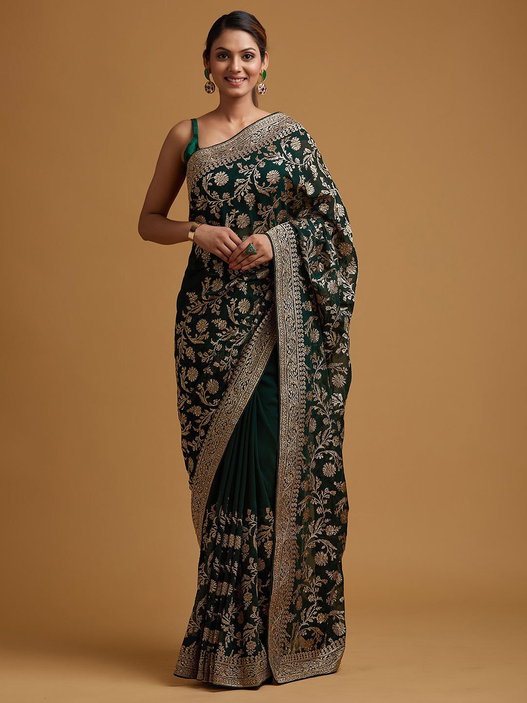 

Koskii Green & Silver-Toned Floral Embroidered Saree
