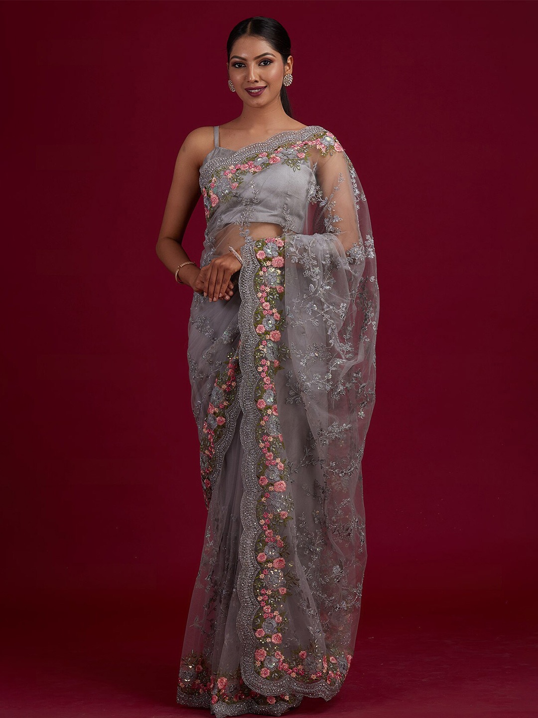 

Koskii Grey & Pink Embellished Embroidered Supernet Saree