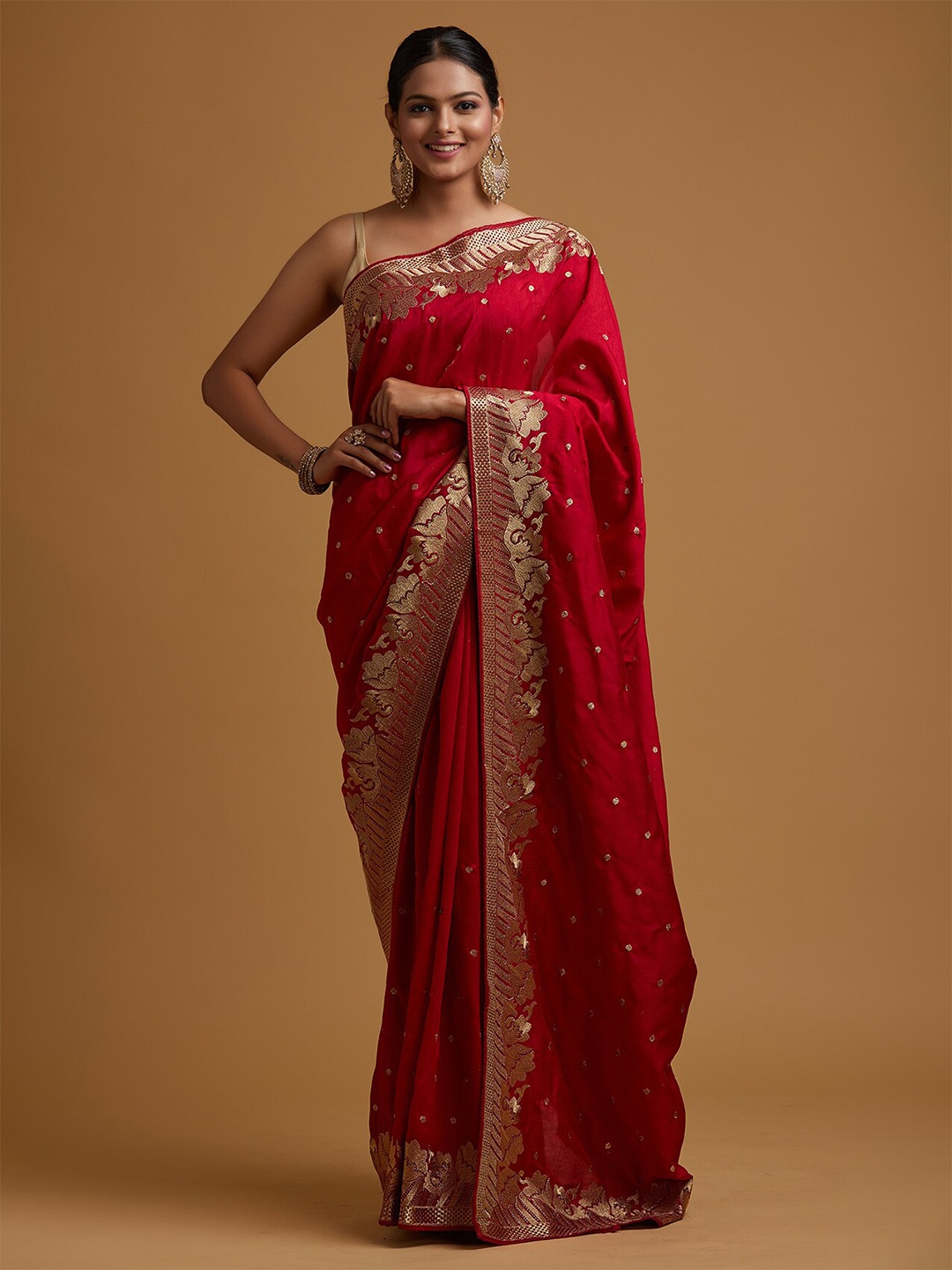 

Koskii Pink & Gold-Toned Floral Zari Art Silk Woven Design Saree